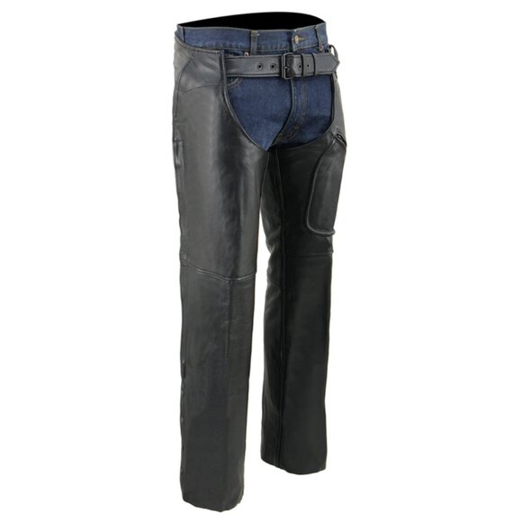 Unisex Black Premium Leather Motorcycle Rider Chaps w/ Front 3-Pockets-Size 2XS - Picture 1 of 5
